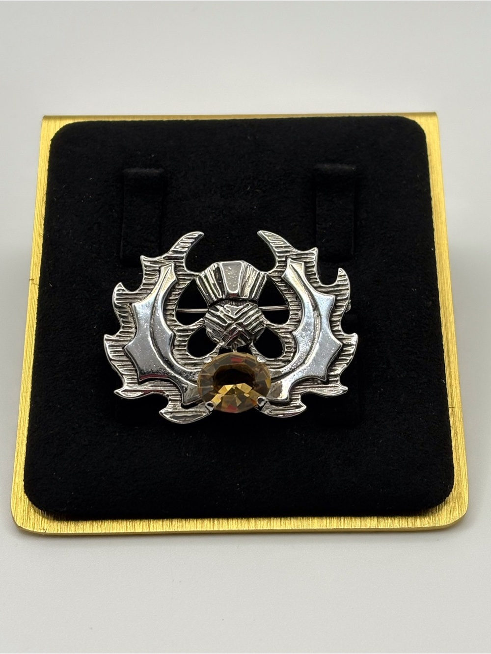 (100)Ornate Silver Thistle Brooch with Citrine like Gemstone